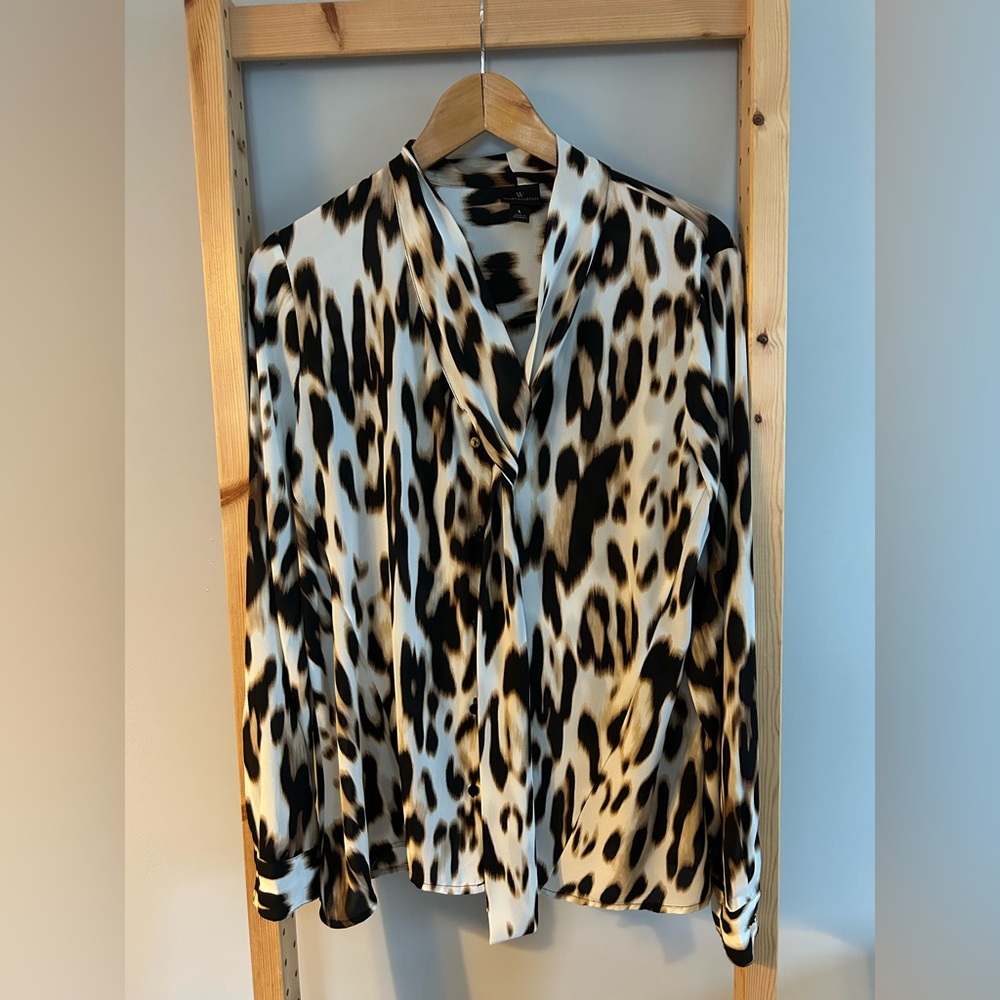 Worthington Women’s Long Sleeve Front Tie Leopard Print Blouse Size L